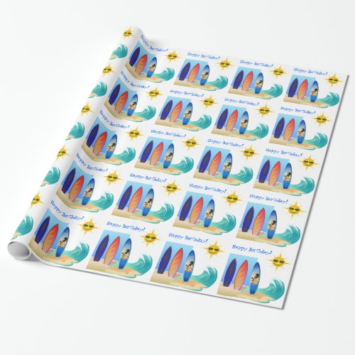 Surfboard Waves and Sun Cool Beach Happy Birthday Wrapping Paper
