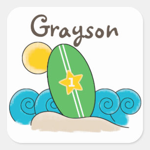 Surfboard Waves First Birthday Party Favor Square Sticker