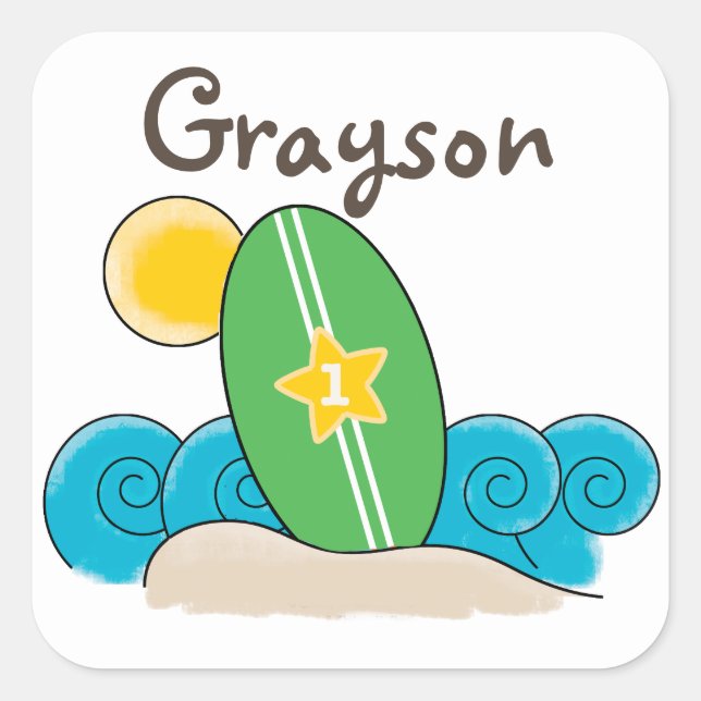 Surfboard Waves First Birthday Party Favor Square Sticker (Front)