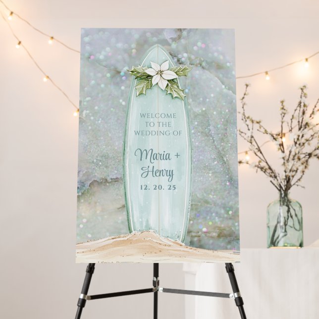 Surfboard | Winter Beach Wedding Glitter Welcome Foam Board (In Situ (Stand))