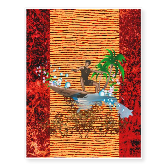 Surfboarder, tropical design temporary tattoos (Front)