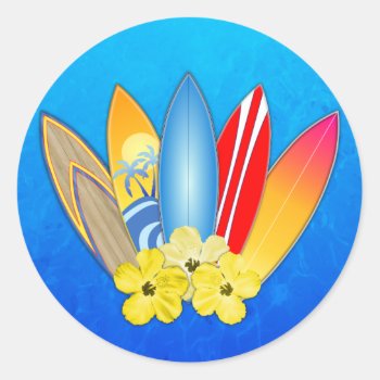 Surfboards And Hibiscus Classic Round Sticker by BailOutIsland at Zazzle