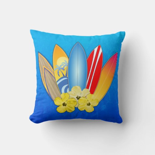 Surfboards And Hibiscus Throw Pillow