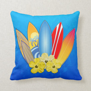 Surfboards And Hibiscus Throw Pillow