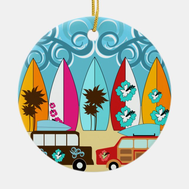 Surfboards Beach Bum Surfing Hippie Vans Ceramic Ornament (Front)