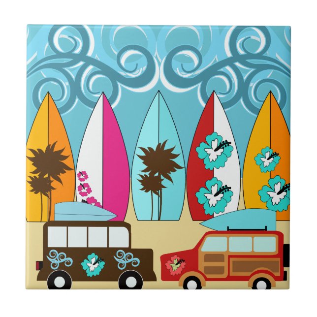Surfboards Beach Bum Surfing Hippie Vans Ceramic Tile (Front)