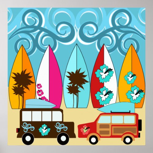 Surfboards Beach Bum Surfing Hippie Vans Poster