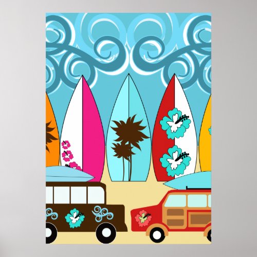 Surfboards Beach Bum Surfing Hippie Vans Poster