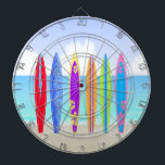 Surfboards Beach Dart Board<br><div class="desc">Surfboards Beach Dart Board features a beach background with sand, ocean and sky, 6 colorfully decorated surfboards. Perfect gift for surfer in your life. Includes 6 brass darts (3 American flag dart flights and 3 UK dart flights). Regulation size board (18” diameter, 1” thick). Finished with aluminum frame and hanging...</div>