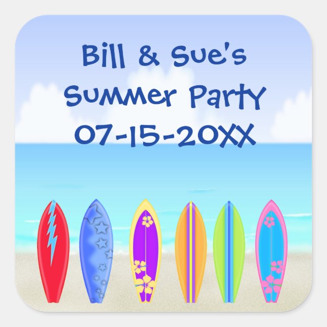 Surfboards Beach Party Favor Square Sticker (Front)
