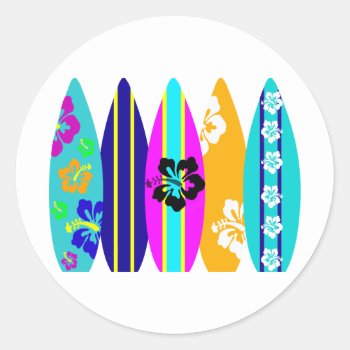 Surfboards Classic Round Sticker by CuteLittleTreasures at Zazzle