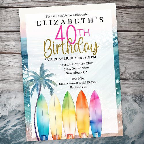 Surfboards Ocean Beach Womens 40th Birthday Invitation
