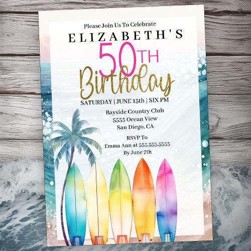 Surfboards Ocean Beach Womens 50th Birthday Invitation