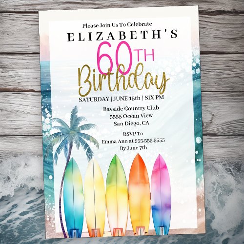 Surfboards Ocean Beach Womens 60th Birthday Invitation