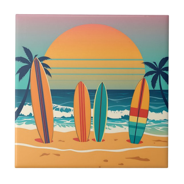 Surfboards on a Tropical Beach Ceramic Tile (Front)