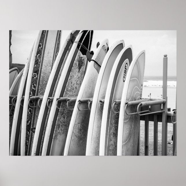 Surfboards on Beach Rack Coastal Art Poster (Front)