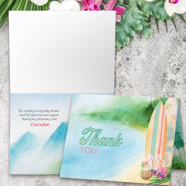 Surfboards on Beach Watercolor Summer Luau Thank You Card (Thank you card with Watercolor beach scene and surfboards from my Surfing Collection)