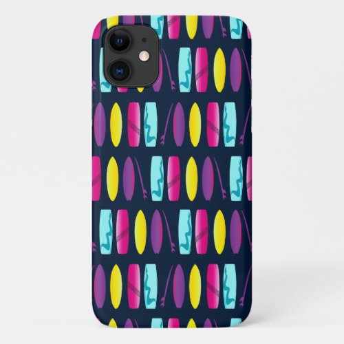Surfboards on Dark Blue Colourful Surfers iPhone 11 Case