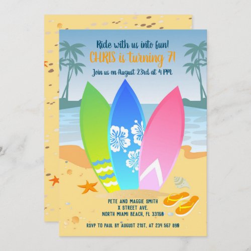 Surfboards on the beach kids birthday party  invitation