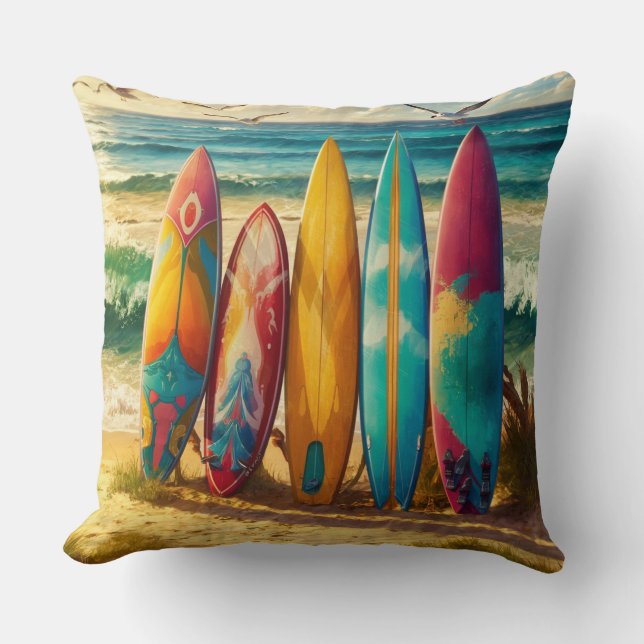 Surfboards On The Beach Throw Pillow (Front)