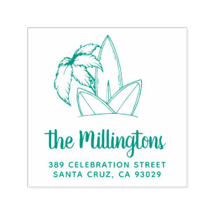 Surfboards & Palm Tree Family Name Return Address Self-inking Stamp