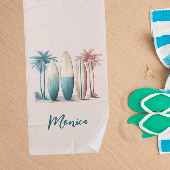 Surfboards palm trees retro green yellow beach towel (Creator Uploaded)
