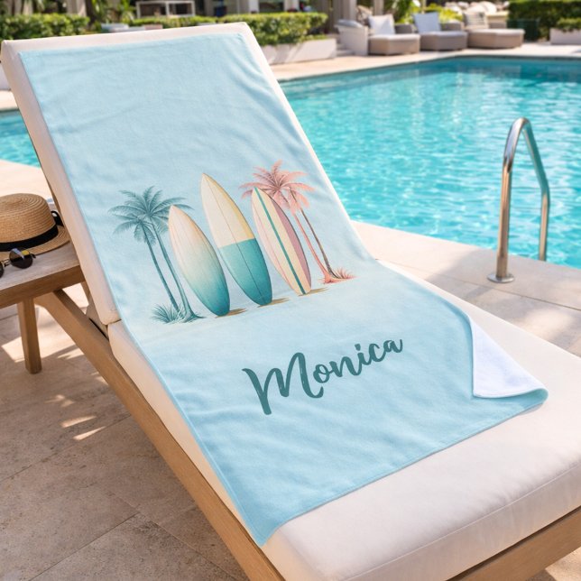 Surfboards palm trees retro sage green beach towel (Creator Uploaded)