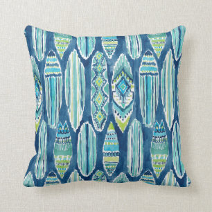 SURFBORTS Watercolor Tiki Surfboard Pattern Throw Pillow