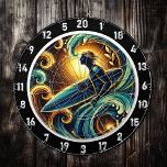 Surfer Against Golden Sunset Glow Art Dart Board<br><div class="desc">The "Surfer Against Golden Sunset Glow Art" captures the thrill of surfing and the peaceful beauty of a tropical sunset. This striking design features a surfer holding their surfboard, standing tall in front of a glowing, golden sunset that envelops them in a magical light. Perfect for game rooms, man caves,...</div>