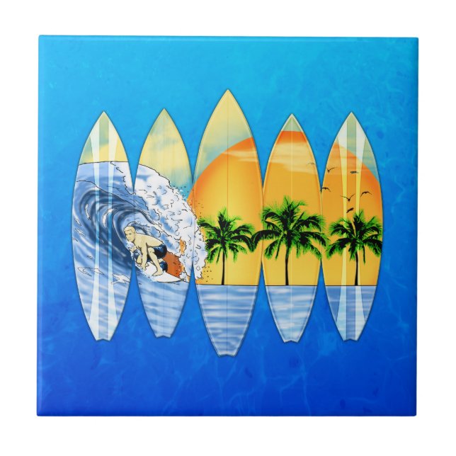 Surfer And Surfboards Ceramic Tile (Front)