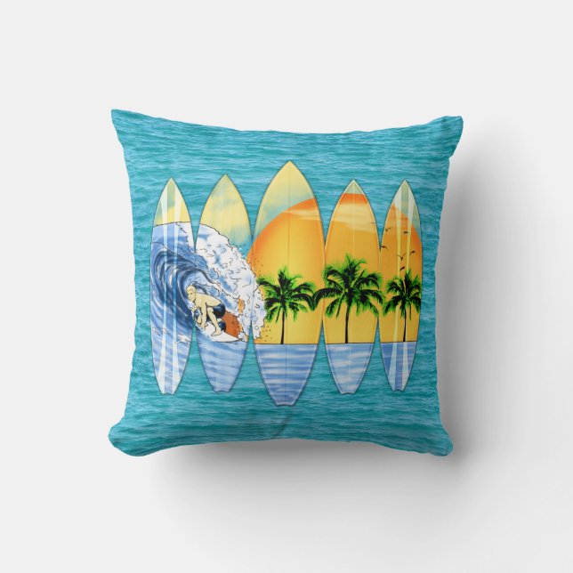 Surfer And Surfboards Throw Pillow (Front)