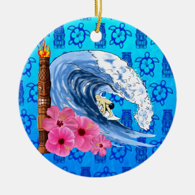 Surfer And Tiki Statue Ceramic Ornament (Front)