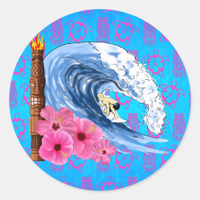 Surfer And Tiki Statue Classic Round Sticker (Front)