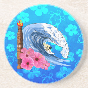 Surfer And Tiki Statue Drink Coaster