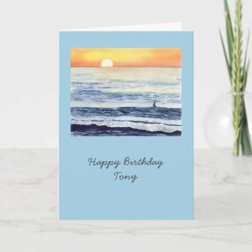 Surfer at Sunrise with a blue background  Card