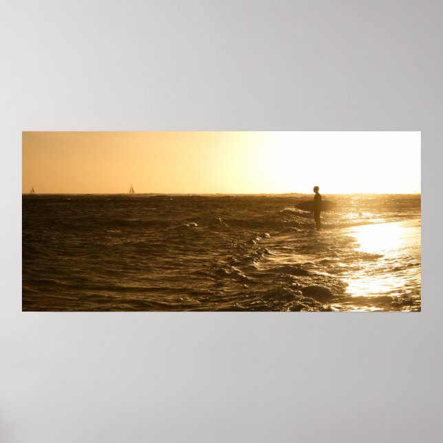 Surfer at Sunset - Oahu, Hawaii Poster (Front)