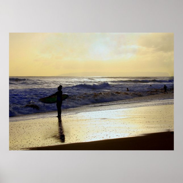 Surfer at Sunset on Kauai Beach, Niihau on Horizon Poster (Front)