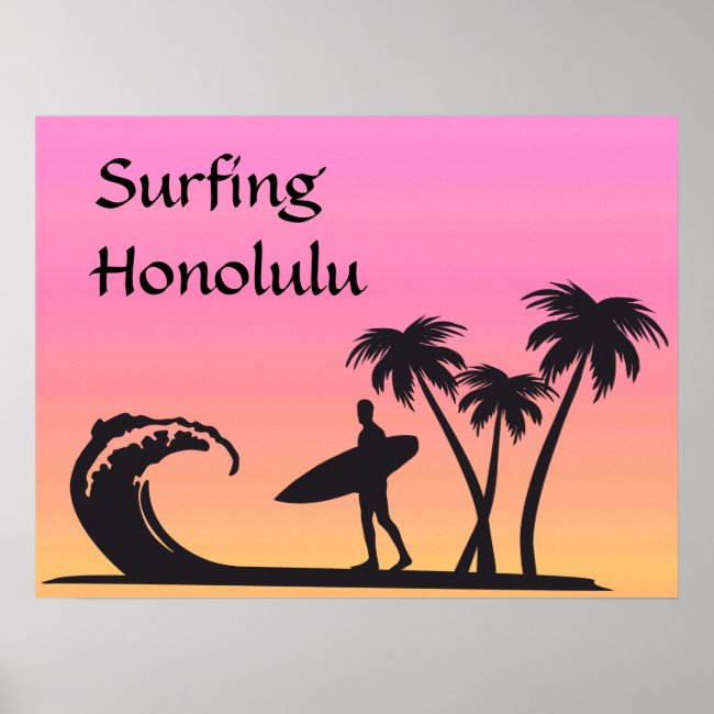 Surfer at Sunset Pink Honolulu Hawaii Poster