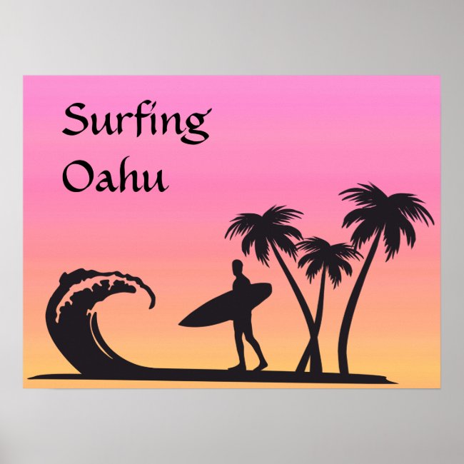 Surfer at Sunset Pink Oahu Hawaii Poster