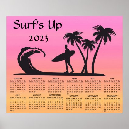 Surfer at Sunset Pink Orange 2023 Calendar Poster