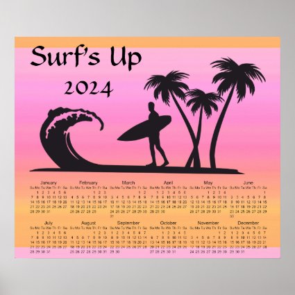 Surfer at Sunset Pink Orange 2024 Calendar Poster