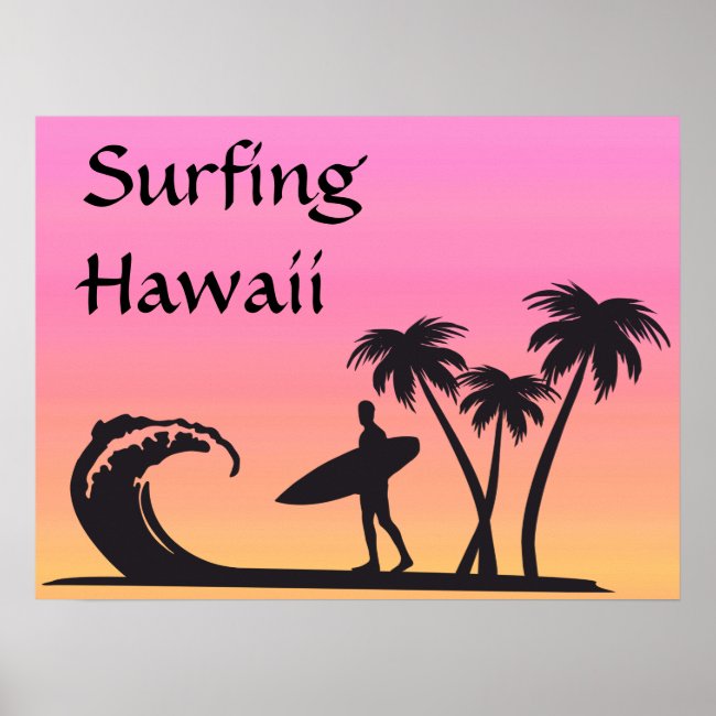 Surfer at Sunset Pink Orange Hawaii Poster