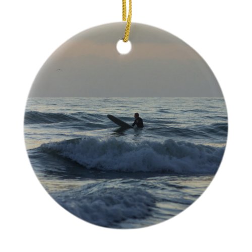 Surfer Awaits Ceramic Ornament