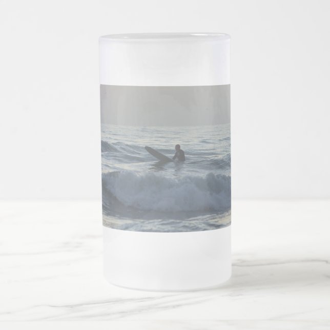 Surfer Awaits Frosted Glass Beer Mug (Center)