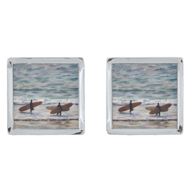 Surfer Beach Art Silver Cufflinks (Front)