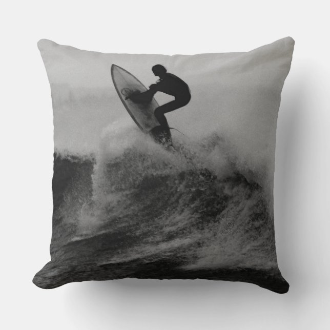 Surfer Big Wave Black and White Throw Pillow (Front)
