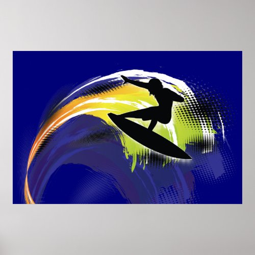 Surfer black figure  colorful wave on blue poster