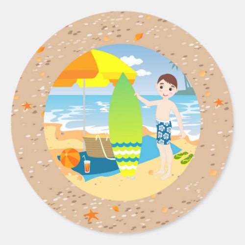 Surfer boy beach birthday party classic round sticker