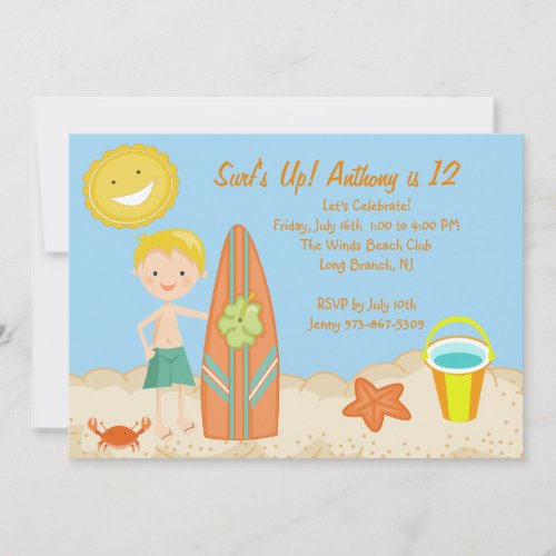 Surfer Boy Beach Party Birthday Invitation