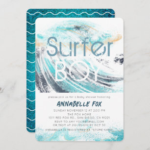 Surfer Boy Blue Wave Splash Surfing Baby Shower Invitation